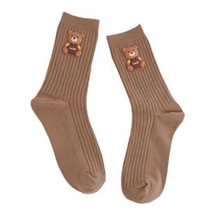 袜子女个性可爱日系甜美卡通软胶小熊玩偶中筒袜竖条彩色堆堆袜秋