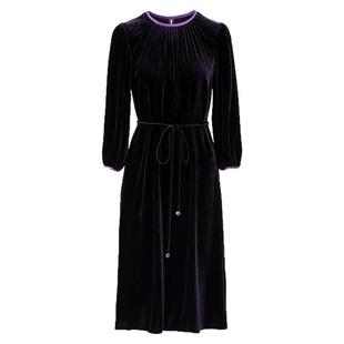 水墨佳人新中式丝绒连衣裙女桑蚕丝圆领灯笼袖收腰中长款通勤显瘦