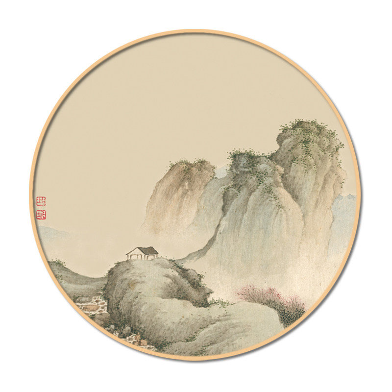 新中式实木圆形框装饰画客厅玄关山水水墨国画禅意挂画中国风壁画