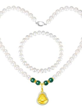 天然淡水珍珠项链女金镶和田玉佛公项链轻奢锁骨链颈链母亲节礼物