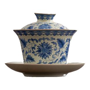 豆黄汝窑青花三才盖碗茶杯单个高档茶碗带盖珐琅彩功夫茶具泡茶器