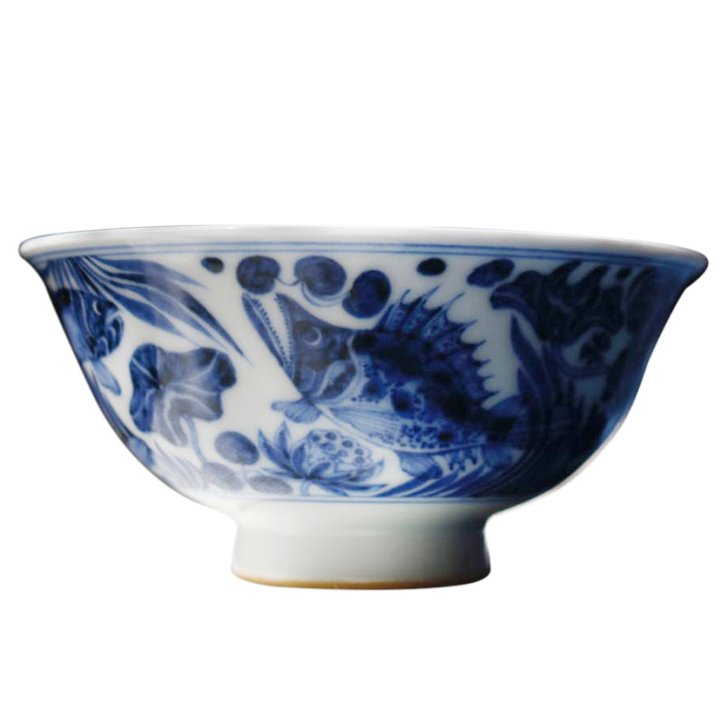 蓝本鱼藻纹 元青花风格鲭鲌鲤鳜鱼纹梨壶现代收藏瓷器茶器主人杯
