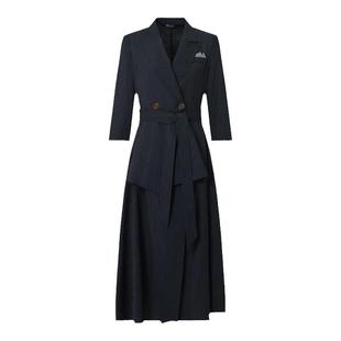 IDPAN女装商务职场通勤气质修身显瘦收腰系带条纹西装领连衣裙女