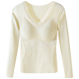 10A羊绒保暖内搭内衣女款带胸垫发热加绒加厚秋衣秋裤套装打底衫