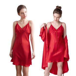 美标睡衣女士真丝吊带睡裙春秋性感桑蚕丝家居服睡袍红色新娘晨袍