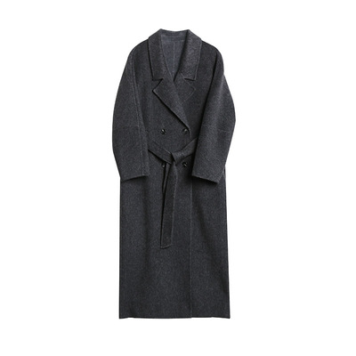 洛边 高级骆驼绒蚕丝秋冬绵羊毛双面毛呢大衣宽松中长款系带外套