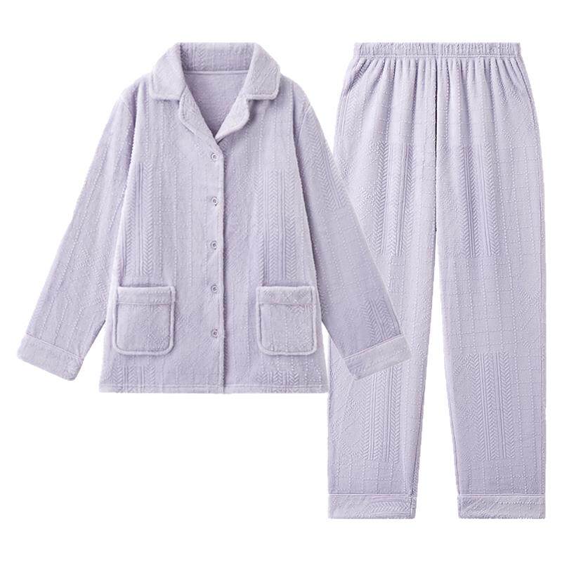 兰卓丽家居服法兰绒翻领长袖开衫