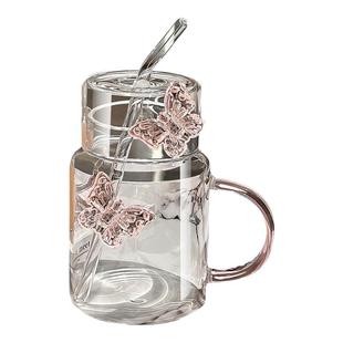 高颜值玻璃杯家用耐高温带盖带把手吸管情侣水杯喝水杯子牛奶杯