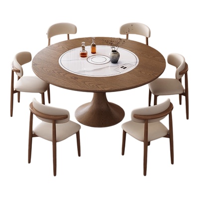 实木圆形餐桌椅组合内嵌式转盘