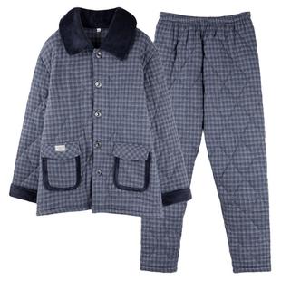 睡衣男士冬季三层加厚加绒梭织纯棉夹棉袄男款秋冬款珊瑚绒家居服