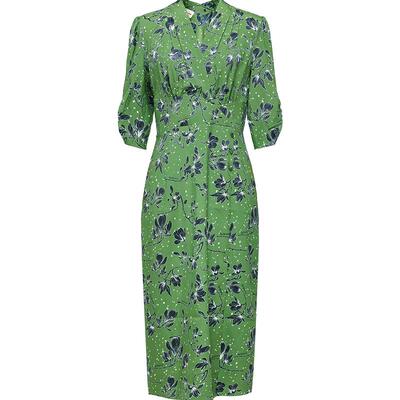 雅莹桑蚕丝复古V领收腰连衣裙