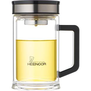 希诺双层玻璃杯带把手滤网泡茶杯子办公商务礼盒透明家用水杯男