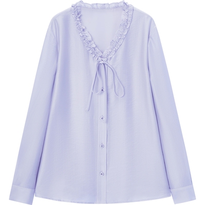 爱居兔法式木耳边浅紫色V领衬衫女2026夏新款高级设计感长袖上衣