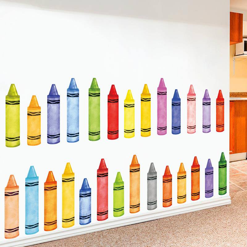 新品水彩风蜡笔儿童房墙面教室墙贴花装饰季贴背景学校贴窗开学