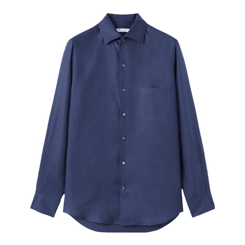 Loro Piana/诺悠翩雅男装宽松休闲蓝色亚麻尖领长袖衬衫
