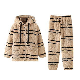 贝妍冬季加厚珊瑚绒夹棉情侣睡衣时尚连帽男女保暖棉袄家居服套装