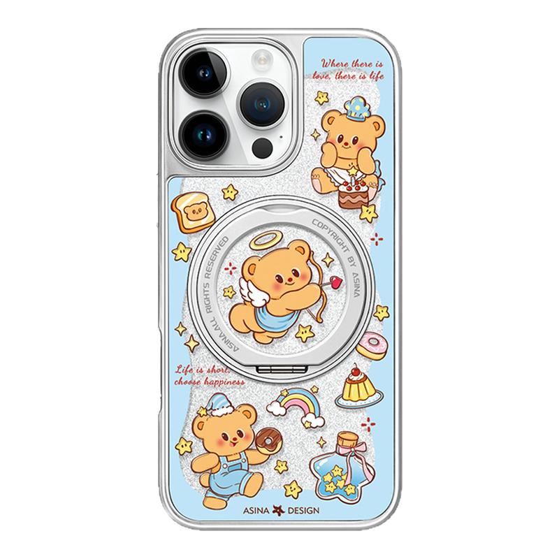 蓝色熊仔适用苹果17Promax手机壳新款iPhone16Pro磁吸带支架套Qo1支点15好看可爱的女ip14高级感闪粉13pm全包