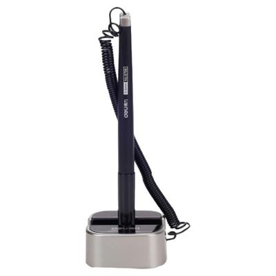 得力6796台笔桌面固定签字笔中性笔0.5mm前台粘性固定防丢笔带绳连线接线笔座银行柜台办公商务签字笔黑色笔