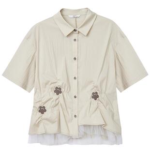 紫涵小众短袖衬衫女不规则捏褶网纱拼接上衣秋季清新森系休闲衬衣