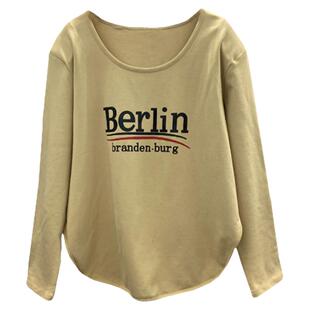 字母印花正肩t恤女咖色长袖加厚磨毛加绒V领中长款打底衫内搭上衣