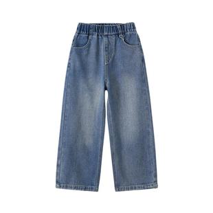 植木童装女童牛仔裤2025新款儿童裤子直筒裤秋冬中大童字母阔腿裤