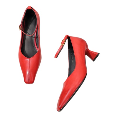 头层牛皮6cm方头玛丽珍粗跟女鞋