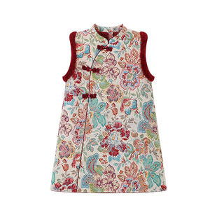 布丁哈鲁冬装女童童装新裙子2026秋冬季新款儿童拜年国风背心裙