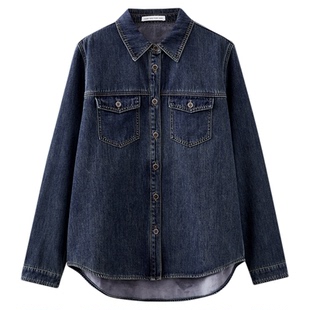 水云间复古港风蓝色加绒牛仔衬衫外套女中性风长袖衬衣上衣2025冬