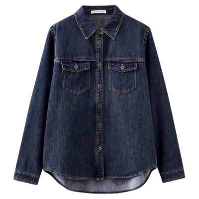 水云间复古港风蓝色加绒牛仔衬衫外套女中性风长袖衬衣上衣2025冬