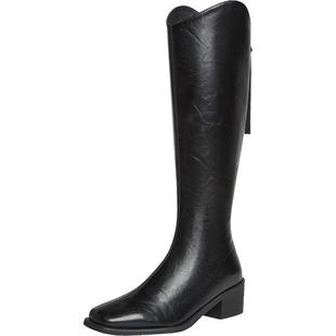 百思图玫瑰骑士25冬新款加绒棕色大筒围骑士靴女高筒长靴B7201DG5