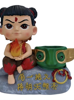 哪吒卡通树脂桌面笔筒收纳摆件