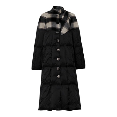 达菲时尚2025冬季新款气质优雅自带领巾灯笼袖黑色中长款羽绒服女