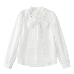 秋水伊人粉色雪纺衫女2026年春季新款领口木耳边优雅飘带衬衫上衣