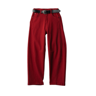 超好看红色牛仔弯刀裤女2026秋冬马年本命年高腰宽松阔腿拖地裤潮