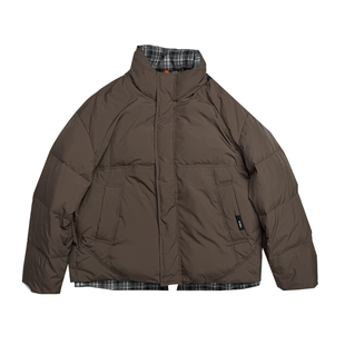 撞色格子拼接立领短款羽绒服男2025新款冬季加厚保暖面包服外套潮