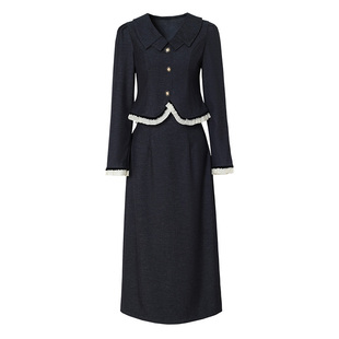 海青蓝 秋冬牛仔套装女2025新款长袖高级设计感女装半身裙两件套