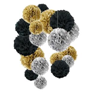 18PC纸花球黑色金色银色纸绒球生日派对毕业典礼挂饰装饰用品婚庆