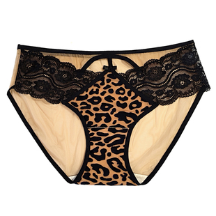 欧美性感豹纹植绒蕾丝内裤女辣妹小心机镂空网纱透明纯棉档三角裤