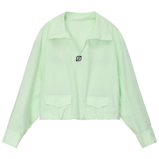 FF仿佛衬衫女2026春季新款v领落肩袖休闲宽松袋盖设计长袖衬衣