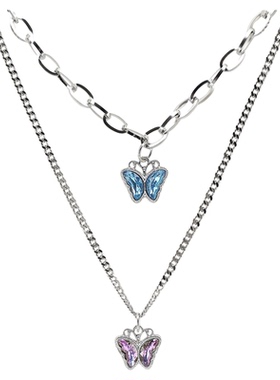 紫蓝水钻蝴蝶项链吊坠饰品毛衣链