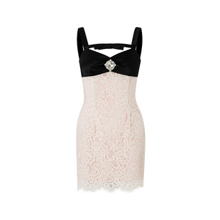 DIANA VEVINA拼接蕾丝钻饰连衣裙女性感精致秋新款礼服裙