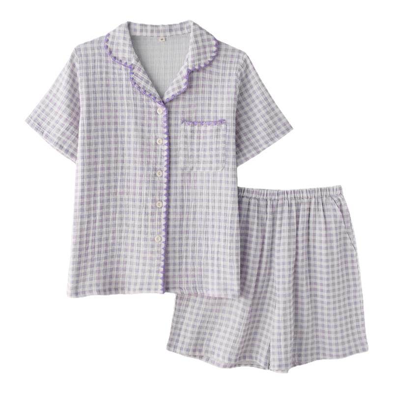 贝壳刺绣包边格子睡衣女款夏季纯棉纱布薄款短袖短裤家居服套装