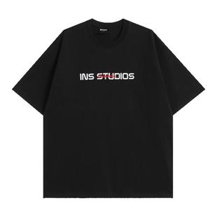 INSstudios 国潮牌情侣美式复古重叠刺绣LOGO短袖宽松棉半袖T恤