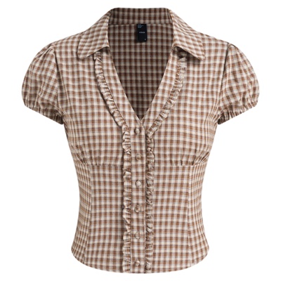 【明星同款】CIDER V领格子纹收腰拼接小蛮腰学院风短袖衬衫11388