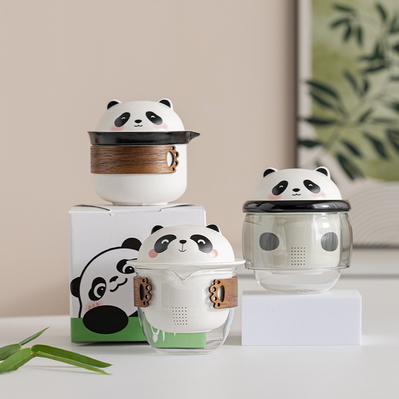 熊猫旅行茶具套装陶瓷便携式杯客随身露营快茶壶壶一户外茶杯三杯
