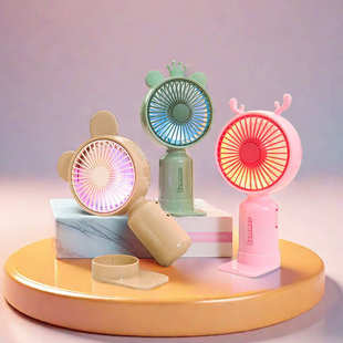 学生便携萌宠耳朵手持二档电风扇可拆卸支架底座彩色氛围灯小风扇