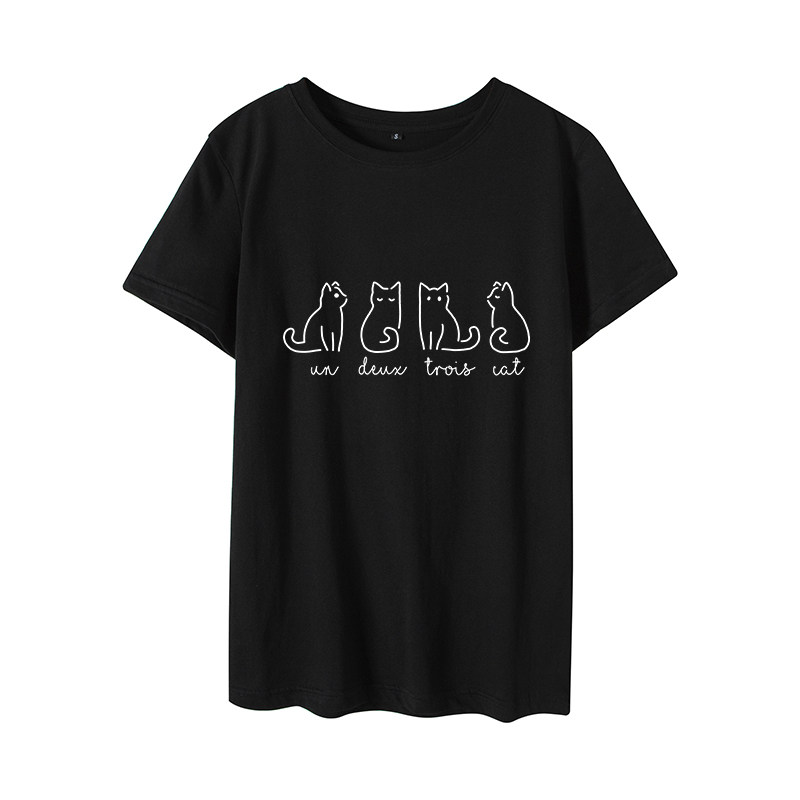 现货夏季欧美女装Women T-shirt宽松薄款猫咪短袖t恤女上衣