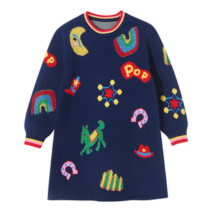 女童毛衣裙秋冬新款儿童连衣裙女孩公主裙印花针织中长款裙子童装