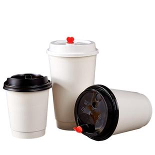 白色双层纸杯一次性杯子带盖奶茶咖啡杯外卖打包热饮杯500只装