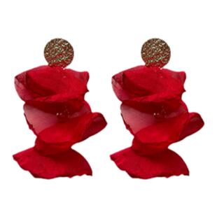 红色雪纺花瓣耳钉女法式高级感多层网纱耳环超仙轻奢夸张金属耳饰